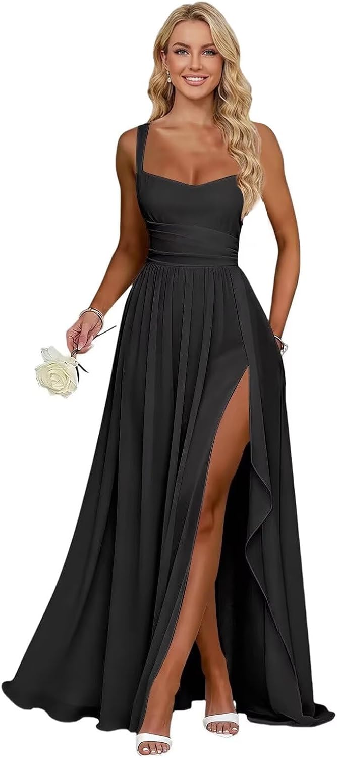 Ruffle Chiffon Bridesmaid Dress Long Square Neck Pleated Formal Gowns with Slit for Women Plus Size Spaghetti Straps Ruffles