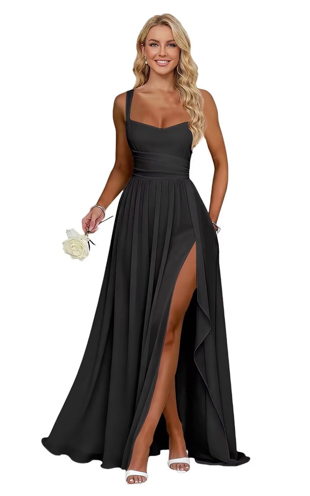 Ruffle Chiffon Bridesmaid Dress Long Square Neck Pleated Formal Gowns with Slit for Women Plus Size Spaghetti Straps Ruffles