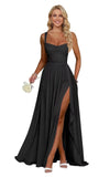 Ruffle Chiffon Bridesmaid Dress Long Square Neck Pleated Formal Gowns with Slit for Women Plus Size Spaghetti Straps Ruffles