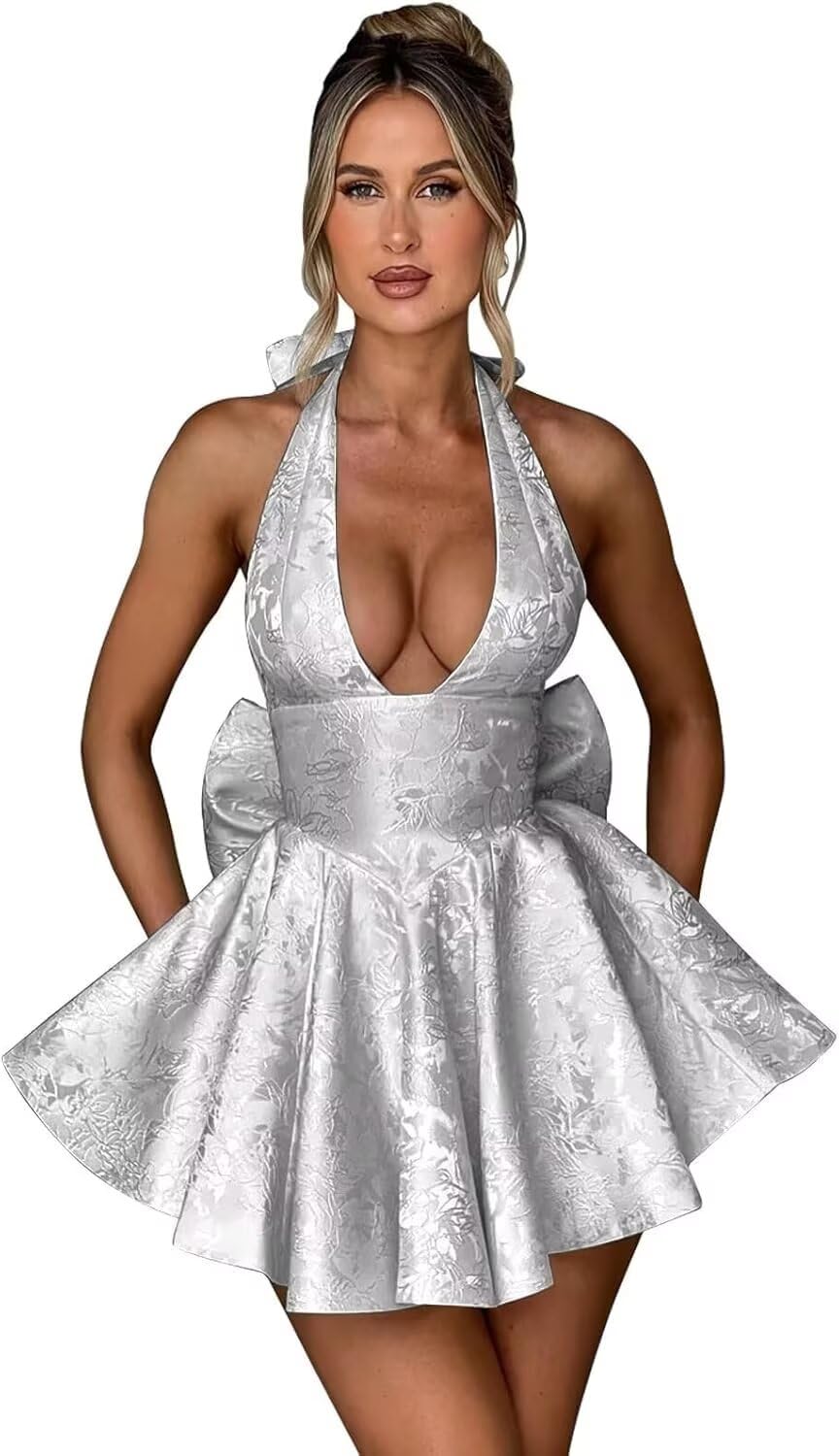 Satin Halter Homecoming Dresses for Teens 2027 V Neck Jacquard A-line Short Prom Cocktail Gowns with Bow