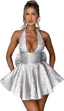 Satin Halter Homecoming Dresses for Teens 2027 V Neck Jacquard A-line Short Prom Cocktail Gowns with Bow