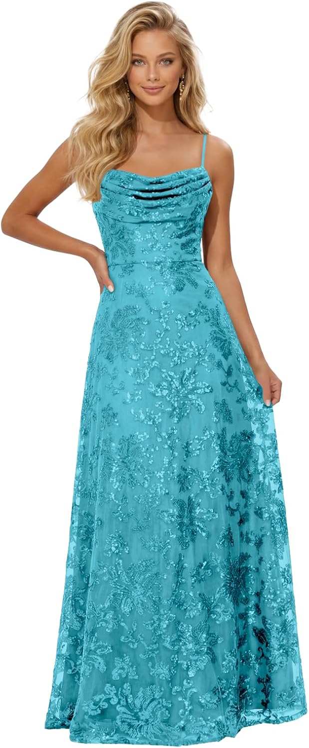 Lace Sequin Prom Dresses Spaghetti Straps A-Line Cowl Neck Pleated Sparkly Long Formal Evening Party Gowns