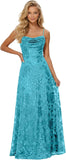 Lace Sequin Prom Dresses Spaghetti Straps A-Line Cowl Neck Pleated Sparkly Long Formal Evening Party Gowns