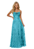 Lace Sequin Prom Dresses Spaghetti Straps A-Line Cowl Neck Pleated Sparkly Long Formal Evening Party Gowns