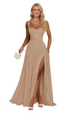 Ruffle Chiffon Bridesmaid Dress Long Square Neck Pleated Formal Gowns with Slit for Women Plus Size Spaghetti Straps Ruffles