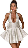 Satin Halter Homecoming Dresses for Teens 2027 V Neck Jacquard A-line Short Prom Cocktail Gowns with Bow
