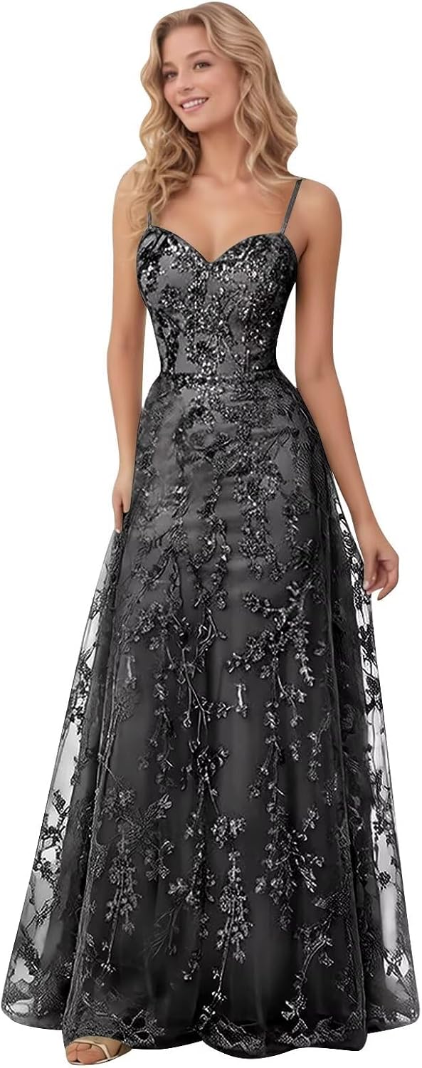 Spaghetti Strap Sparkly Prom Dress for Women Long Tulle Formal Dress Laces Evening Party Gown