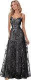 Spaghetti Strap Sparkly Prom Dress for Women Long Tulle Lace Formal Dress Laces Evening Party Gown
