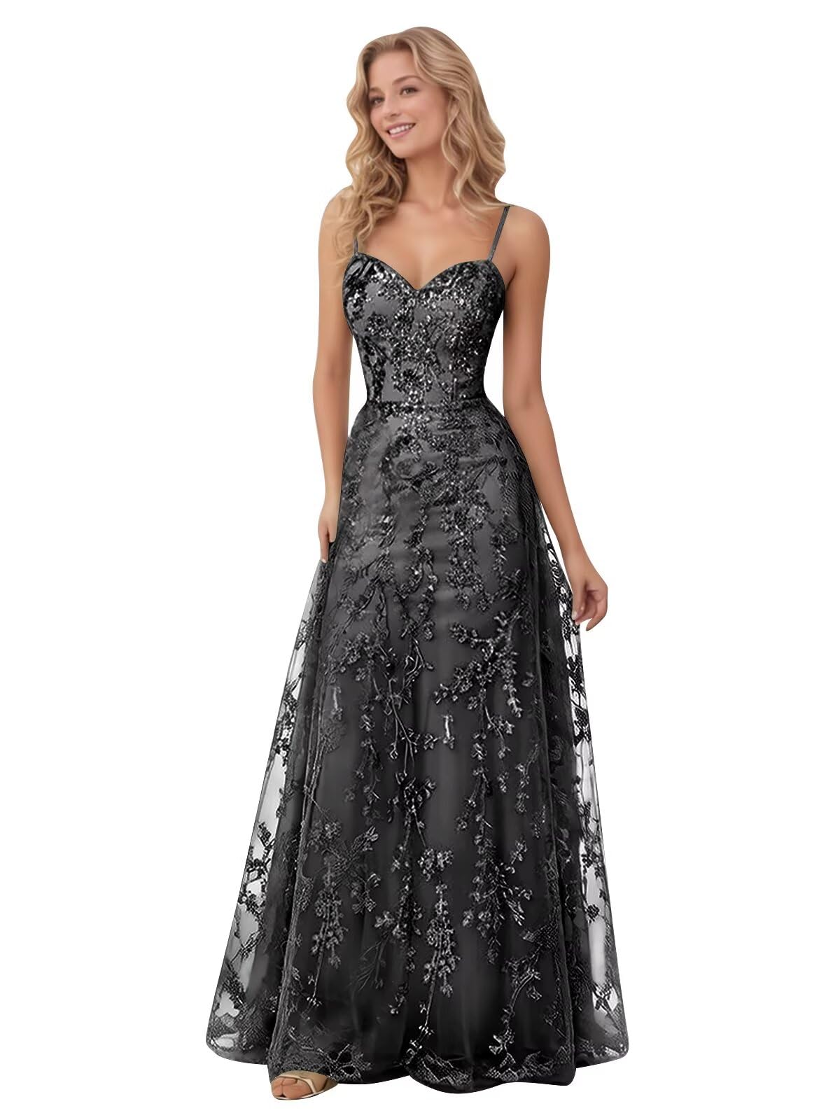 Spaghetti Strap Sparkly Prom Dress for Women Long Tulle Formal Dress Laces Evening Party Gown