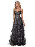 Spaghetti Strap Sparkly Prom Dress for Women Long Tulle Formal Dress Laces Evening Party Gown