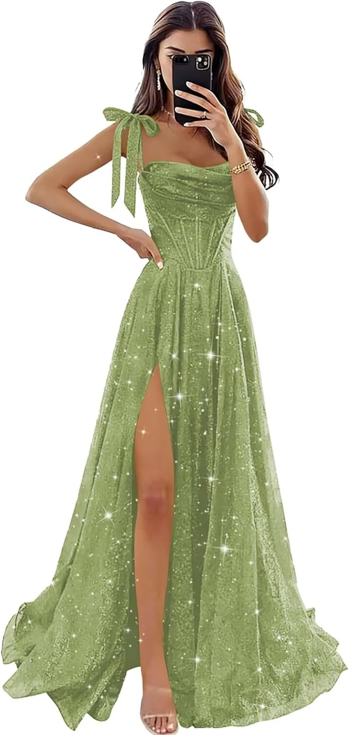 Tulle Prom Dresses with Slit Spaghetti Straps A Line Maxi Long Formal Dress