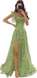 Tulle Prom Dresses with Slit Spaghetti Straps A Line Maxi Long Formal Dress