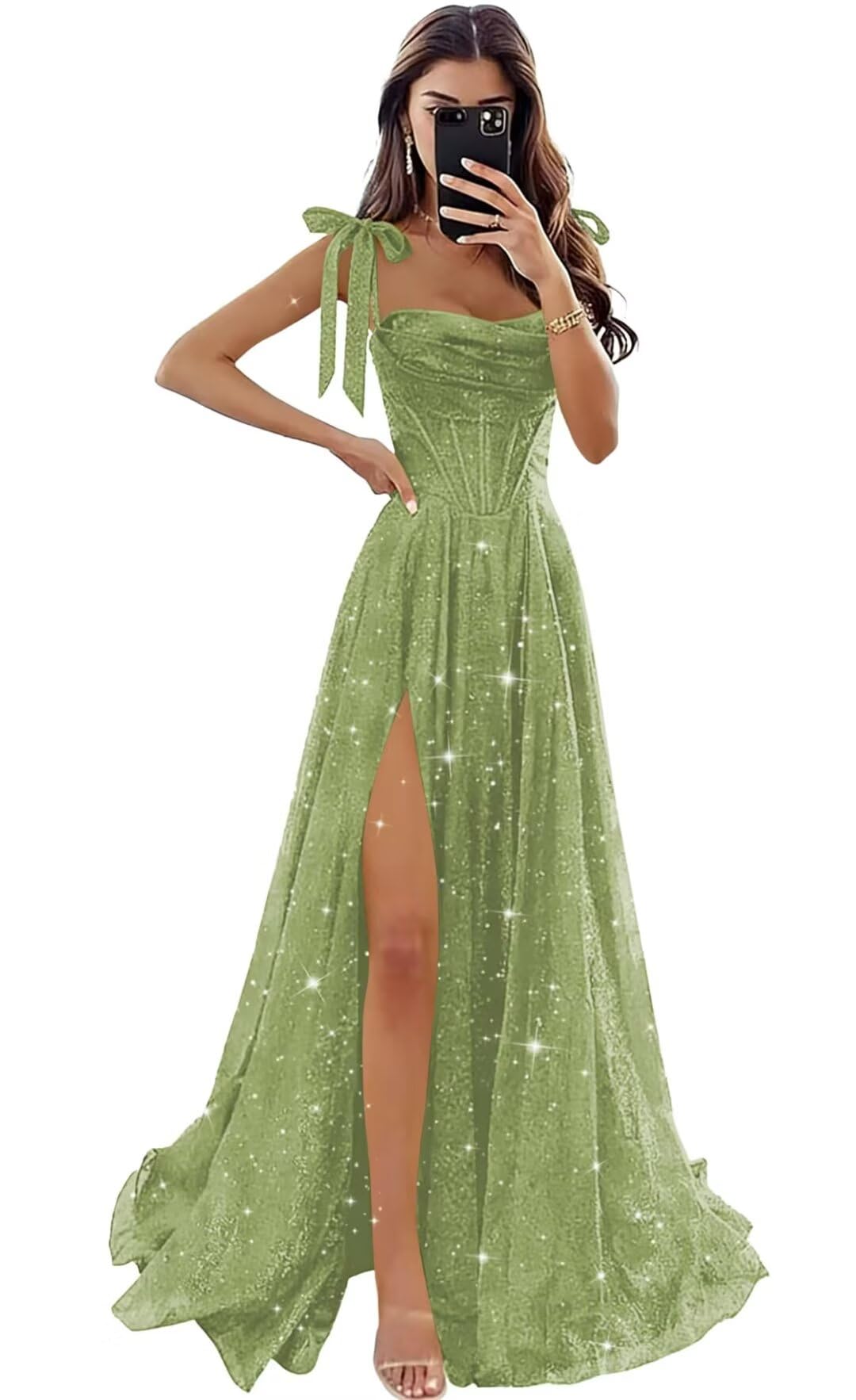 Tulle Prom Dresses with Slit Spaghetti Straps A Line Maxi Long Formal Dress