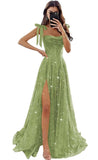 Sparkly Tulle Prom Dresses with Slit Spaghetti Straps A Line Maxi Long Formal Dress