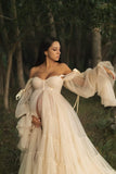 Womens Tulle Robe Maternity Dress for Photoshoot Off Shoulder Bridal Lingerie Maternity Gowns for Babyshower
