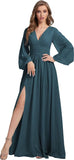 Womens V-Neck Long Sleeve Bridesmaid Dresses with Slit 2024 Ruched A-line Chiffon Prom Formal Dresses