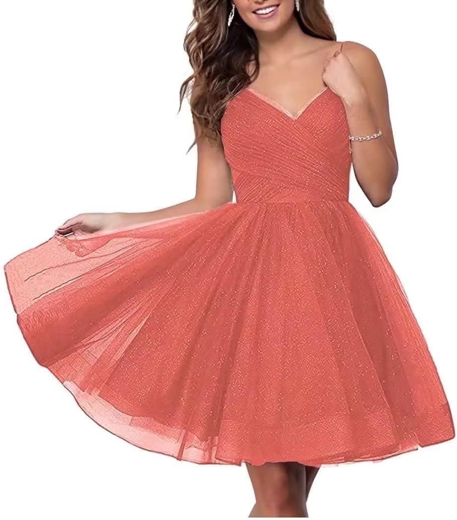 Short Homecoming Dresses Spaghetti Straps V Neck Glitter Tulle Ball Gown Short Prom Graduation Dress for Juniors