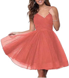 Short Homecoming Dresses Spaghetti Straps V Neck Glitter Tulle Ball Gown Short Prom Graduation Dress for Juniors