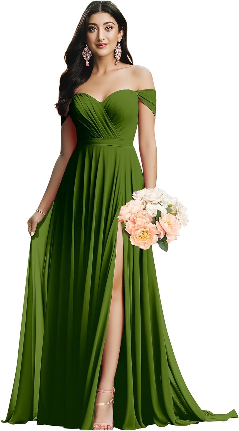 Schulterfreies Brautjungfernkleid für die Hochzeit, gerüschtes Chiffon-Split-Abendkleid mit Taschen 