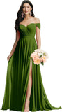 Schulterfreies Brautjungfernkleid für die Hochzeit, gerüschtes Chiffon-Split-Abendkleid mit Taschen 
