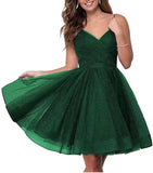 Short Homecoming Dresses Spaghetti Straps V Neck Glitter Tulle Ball Gown Short Prom Graduation Dress for Juniors