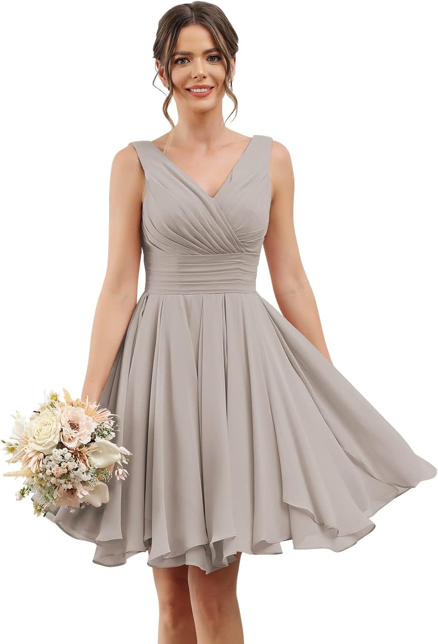 Double V Neck Short Bridesmaid Dresses for Women 2025 Chiffon A Line Formal Evening Gowns with Pockets
