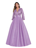 Satin Mother of Bride Dresses Long for Women Sequin Long Sleeve Evening Gown with Pockets
