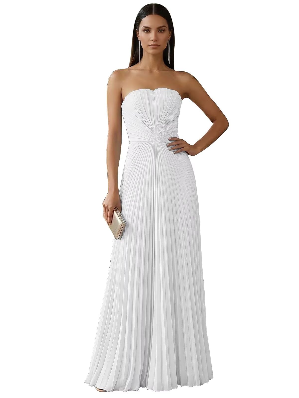 Strapless Prom Dresses for Women Long A Line Cocktail Dress Pleated Chiffon Formal Wedding Guest Dress