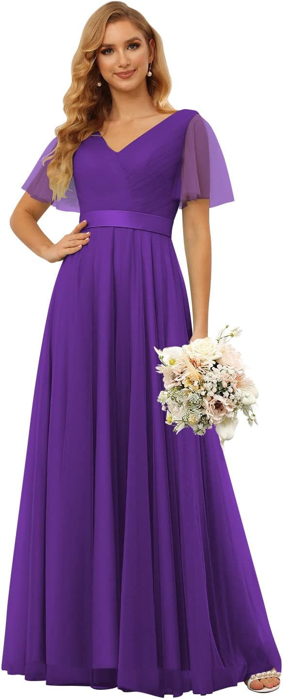 Damen Brautjungfernkleider mit Flatterärmeln, Tüll, lang, V-Ausschnitt, Empire-Taille, formelles Kleid 