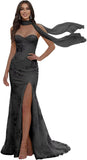 Floral Prom Dresses for Teens Strapless Mermaid Corset Tulle Formal Evening Gown with Slit Scarf