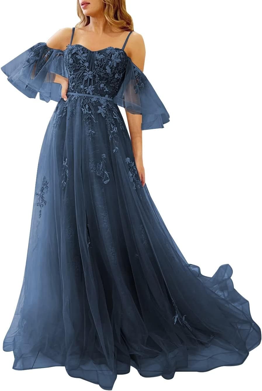 Vestidos de fiesta de tul con hombros descubiertos para adolescentes, vestidos formales con apliques de encaje, vestido de fiesta de noche formal de línea A