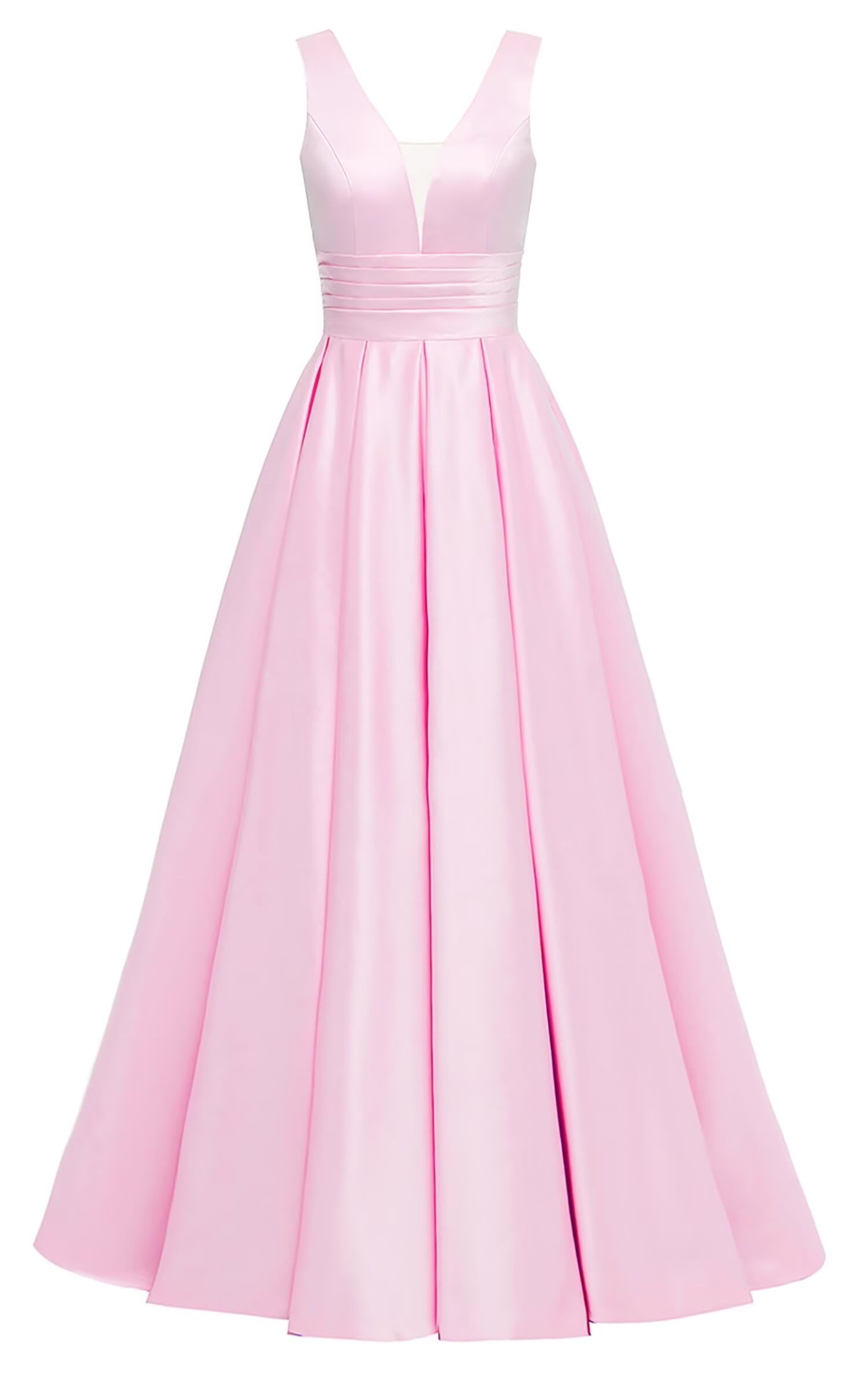 Glitter Satin Prom Dresses for Women Long V Neck A-Line Pleated Formal Evening Party Gowns with Pockets