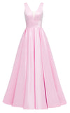 Glitter Satin Prom Dresses for Women Long V Neck A-Line Pleated Formal Evening Party Gowns with Pockets