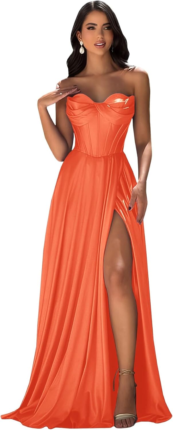 Strapless Prom Dress with Slit Satin A Line Long Ball Gowns for Women Sweetheart Corset Formal Dress with Pockets