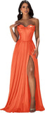 Strapless Prom Dress with Slit Satin A Line Long Ball Gowns for Women Sweetheart Corset Formal Dress with Pockets