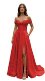 Jacquard Satin Prom Dresses Off the Shoulder Corset A Line Long Formal Gowns