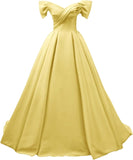 Off Shoulder Satin Prom Dresses for Women V-Neck Elegant A-Line Long Pleated Formal Evening Gown