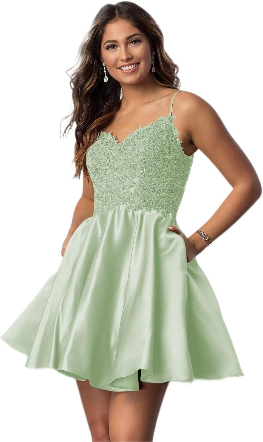Vestidos cortos de fiesta con tirantes finos para jóvenes, con encaje, escote en V y bolsillos.