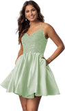 Vestidos cortos de fiesta con tirantes finos para jóvenes, con encaje, escote en V y bolsillos.