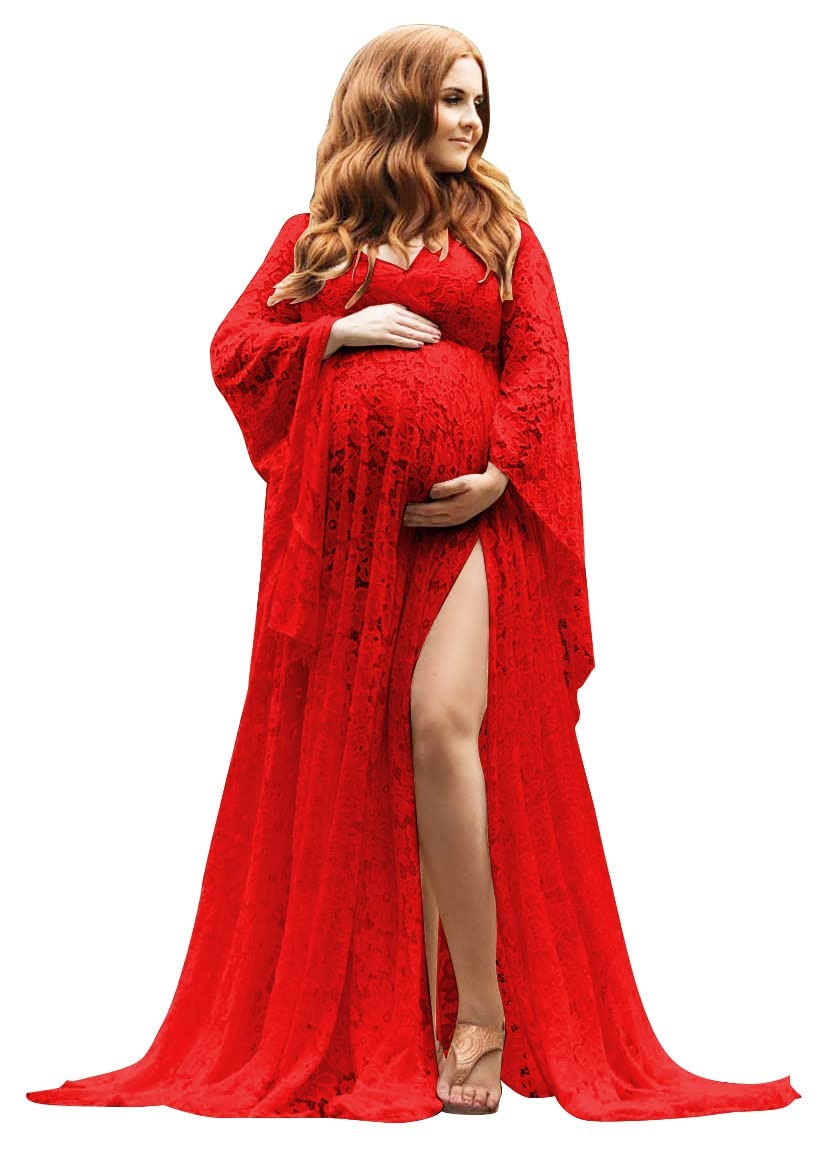 Women's Lace Maternity Dress for Photoshoot Long Puffy Sleeves V Neck Boho Pregnancy Gown for Baby Shower with Slit