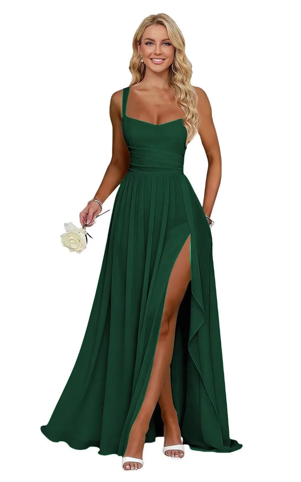 Ruffle Chiffon Bridesmaid Dress Long Square Neck Pleated Formal Gowns with Slit for Women Plus Size Spaghetti Straps Ruffles