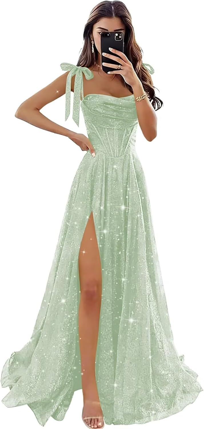 Tulle Prom Dresses with Slit Spaghetti Straps A Line Maxi Long Formal Dress