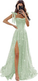 Tulle Prom Dresses with Slit Spaghetti Straps A Line Maxi Long Formal Dress