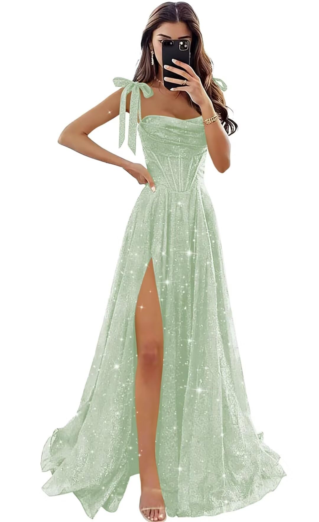 Tulle Prom Dresses with Slit Spaghetti Straps A Line Maxi Long Formal Dress