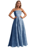 Jacquard Floral Prom Dresses Strapless Maxi Evening Gowns A-Line Ruched Formal Party Dress Elegant