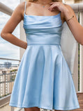 Women's Short Light Blue Homecoming Dresses Flowy Spaghetti Strap Pleated Satin Formal Cocktail Party Gown