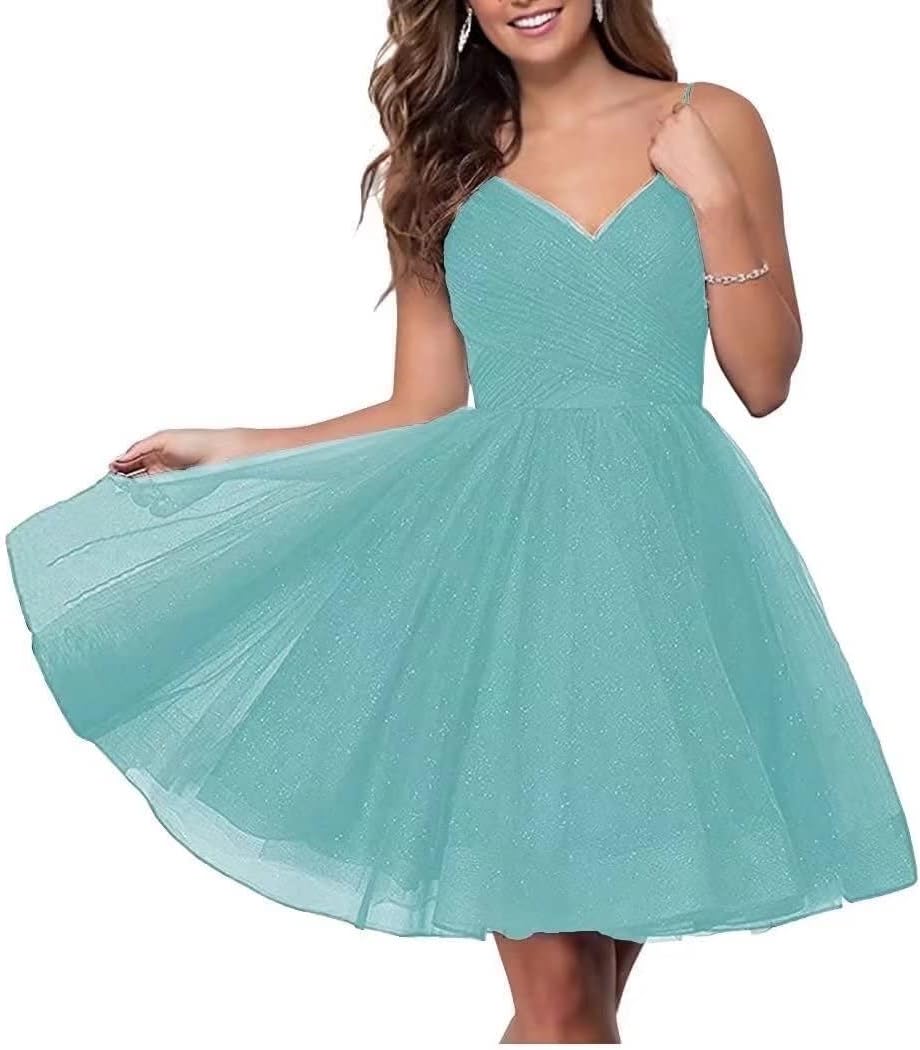 Short Homecoming Dresses Spaghetti Straps V Neck Glitter Tulle Ball Gown Short Prom Graduation Dress for Juniors