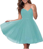 Short Homecoming Dresses Spaghetti Straps V Neck Glitter Tulle Ball Gown Short Prom Graduation Dress for Juniors