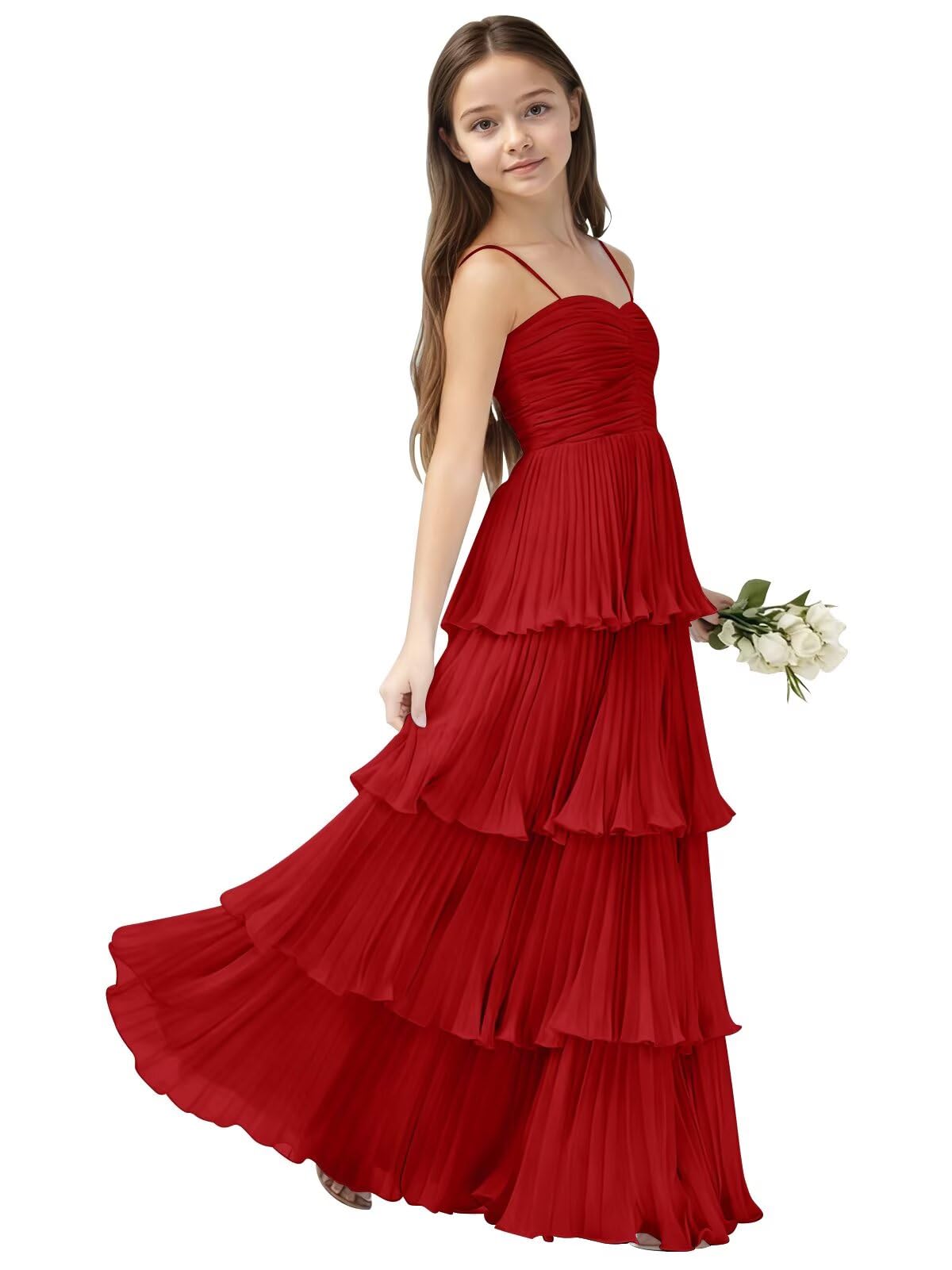 Chiffon Pleated Junior Bridesmaid Dress Princess Birthday Tiered Ruffle Prom Gown Wedding Long Flower Girl Dress