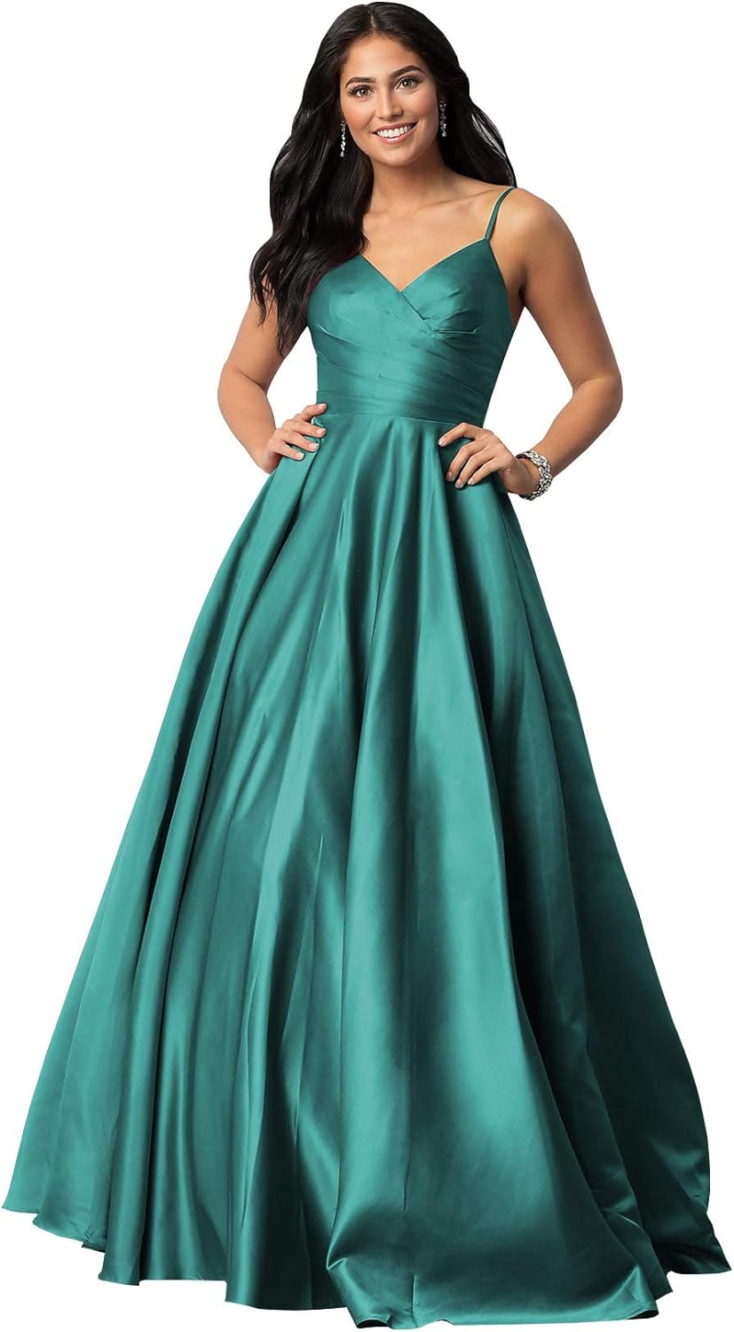 Women's Spaghetti Straps Satin Prom Dresses with Pockets V Neck Pleated Formal Evening Ball Gowns